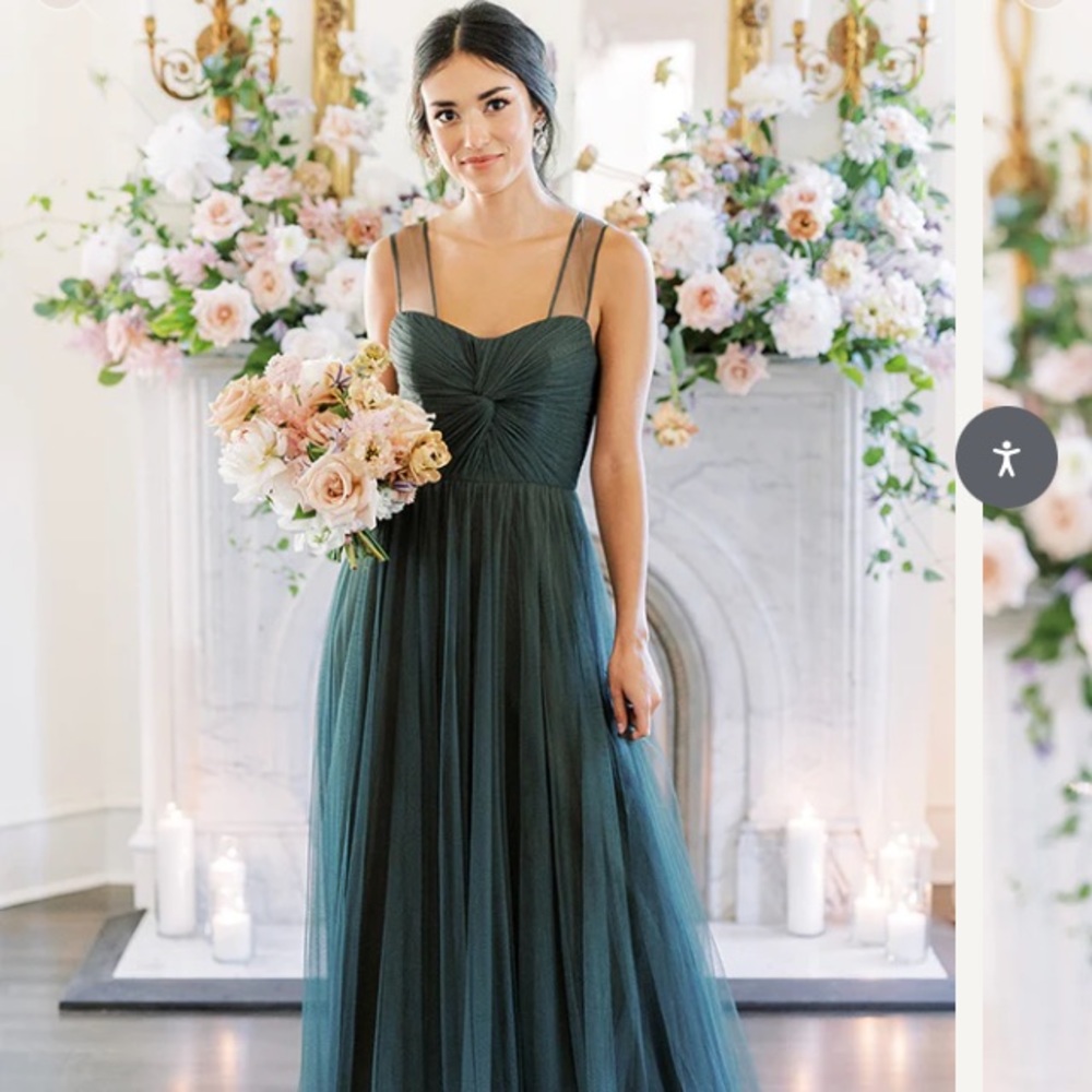 Revelry Pippa in Tulle Bridesmaid Dress in “Greenery” and “Slate Blue (grey)”